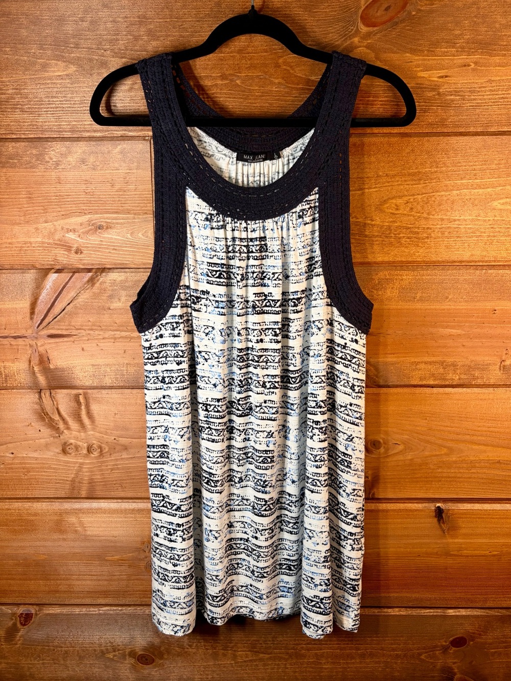 Max Jeans Navy Trim Printed Long Tunic Tank Top Size Large 💕